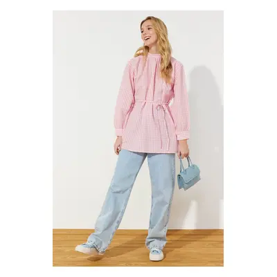 Trendyol Dusty Rose Belted Woven Seersucker Plaid Tunic