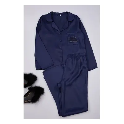 Trendyol Navy Blue New Year Themed Embroidered Satin Woven Pajama Set