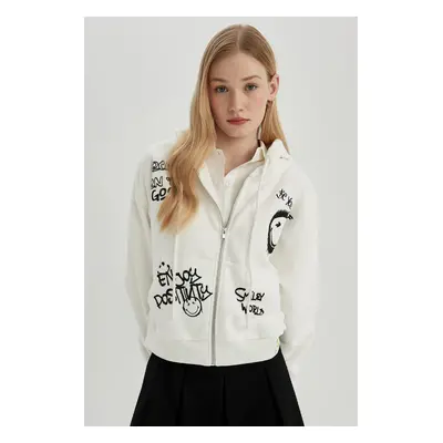 DEFACTO Coool Smileyworld Oversize Wide Pattern Hooded Zippered Sweatshirt