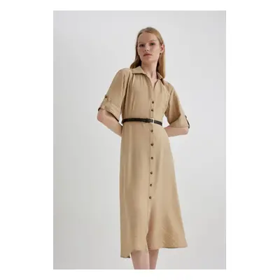 DEFACTO Shirt Collar Half Sleeve Belted Midi Dress