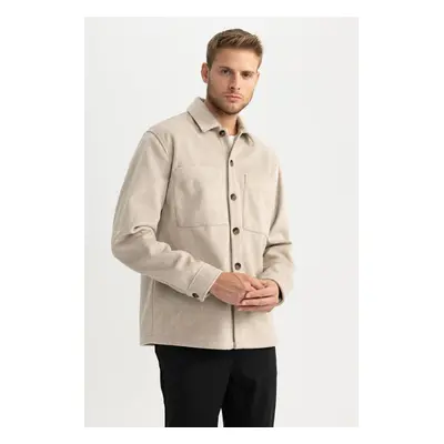 DEFACTO Relax Fit Polo Collar Wool Look Buttoned Pocket Long Sleeve Shirt Jacket