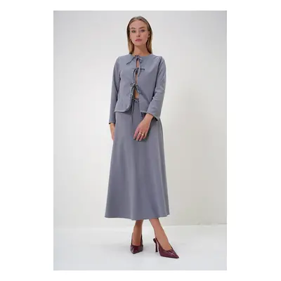 Trend Alaçatı Stili Women's Gray Crew Neck Front Tie Detail Crepe Knit Jacket and Maxi Skirt Set