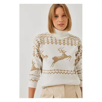 Bianco Lucci Women's Turtleneck Sweater with Deer Pattern