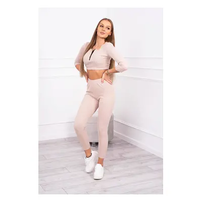 Žebrovaný crop top set světle béžový