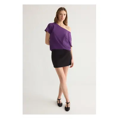 Trendyol Purple 100% Cotton Boyfriend Boat Neck Knitted T-Shirt