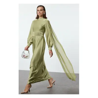 Trendyol Green Belt Detailed Satin Woven Evening Dress