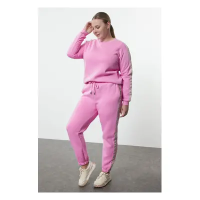 Trendyol Curve Pink Crew Neck Regular Stripe Detailed Polar Fleece Knitted Plus Size Tracksuit