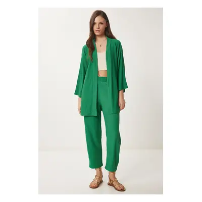 Happiness İstanbul Women's Green Kimono Pants Knitted Set