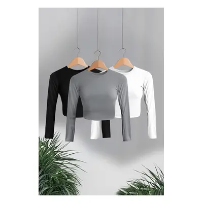 Trendyol Black-White-Anthracite 3-Pack Crop Fitted/Body-Sit Knitted Blouse