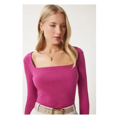 Happiness İstanbul Women's Light Plum Square Neck Corded Knitted Blouse