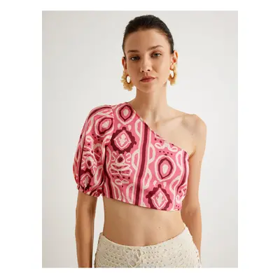 Koton X Melis Ağazat - One Shoulder Balloon Sleeve Crop Blouse Ethnic Patterned Slim Fit