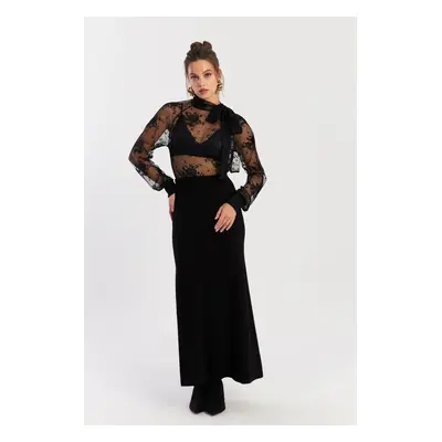 Cool & Sexy Women's Black Elastic Waist Evoze Maxi Skirt