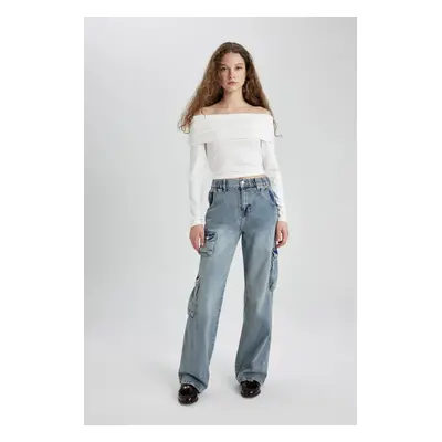 DEFACTO Wide Leg Cargo High Waist Wide Leg Long Jean Trousers