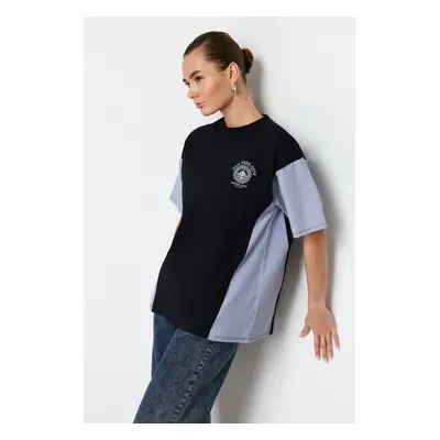 Trendyol Black Oversize/Wide Fit Poplin Detailed Printed Knitted T-Shirt