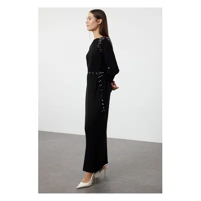 Trendyol Black Belted Pearl Detailed Embroidered Corduroy Knitwear Dress