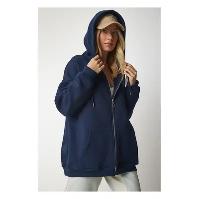 Happiness İstanbul Women's Navy Blue Hooded Zipper Oversize Sweatshirt