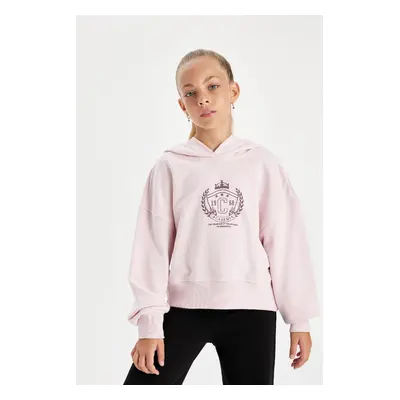 DEFACTO Girl Oversize Wide Pattern Hooded Embroidered Thick Sweatshirt