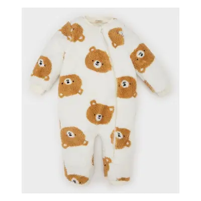 DEFACTO Baby Boy Newborn Bear Patterned Zippered Long Sleeve Plush Jumpsuit