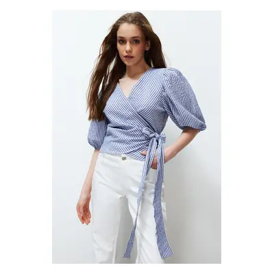 Trendyol Multi Color Striped Double Breasted Tie Detail See-through Woven Blouse