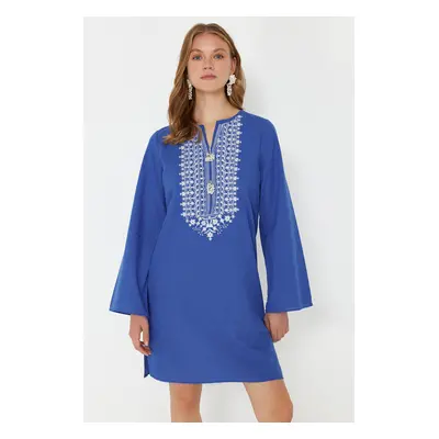 Trendyol Blue Mini Woven Embroidered 100% Cotton Beach Dress