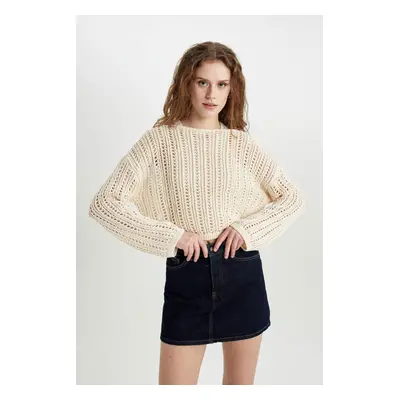 DEFACTO Crop Boat Neck Crochet Sweater