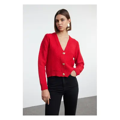 Trendyol Red Rose Button Detailed Knitwear Cardigan