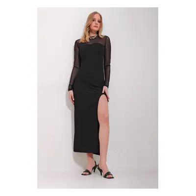 Trend Alaçatı Stili Women's Black Crew Neck Tulle Detailed Slit Midi Dress