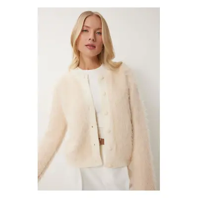 Happiness İstanbul Women's Cream Soft Bearded Knitwear Cardigan