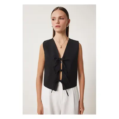 Happiness İstanbul Women's Black Bow Tie Woven Vest