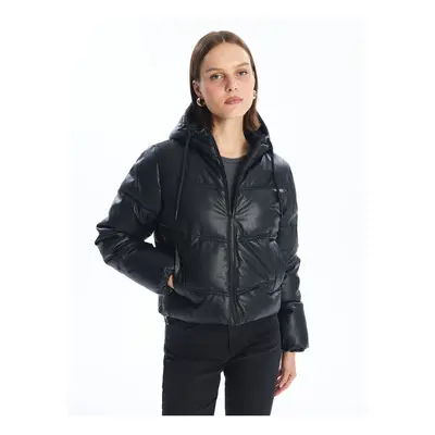 LC Waikiki Hooded Plain Leather Look Women's Puffer Jacket