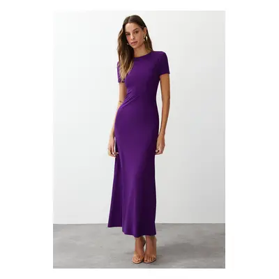 Trendyol Purple Short Sleeve Bodycone/Fitting Crew Neck Stretchy Knitted Maxi Pencil Dress