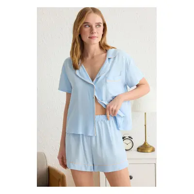 Trendyol Blue Plain Piping Shally Woven Pajama Set