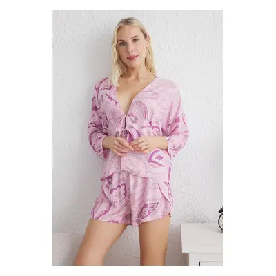 Trendyol Pink Ethnic Patterned Tie/Bow Detailed Viscose Woven Pajama Set