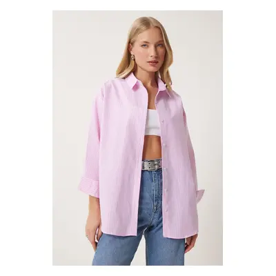 Happiness İstanbul Women's Pink Striped Oversize Long Basic Shirt