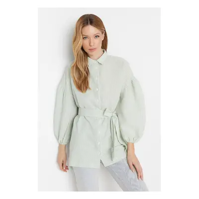 Trendyol Green Striped Belted Balloon Back Sleeve Long Woven Shirt