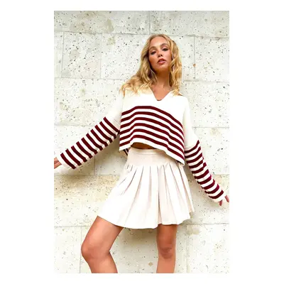 Trend Alaçatı Stili Women's Burgundy Polo Collar Striped Crop Sweater