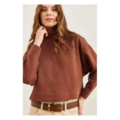 Olalook Women's Brown Stand Collar Batwing Crop Raised Sweatshirt