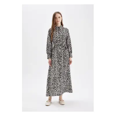 DEFACTO A-Line Patterned Shirt Collar Belted Long Sleeve Maxi Dress