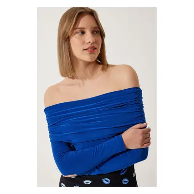 Happiness İstanbul Women's Cobalt Blue Off-the-Shoulder Gather Detailed Blouse