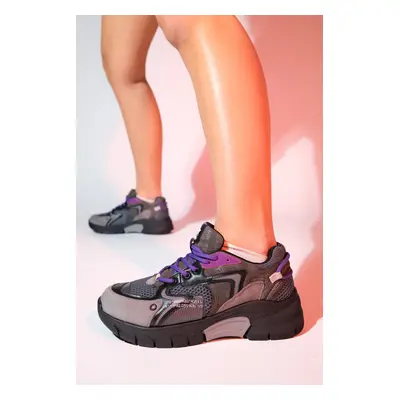 LuviShoes DUJA Black Purple Women's Multi Mesh Thick Sole Sports Sneakers