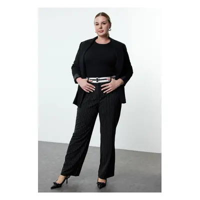 Trendyol Curve Black-White Striped Woven Trousers