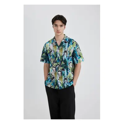 DEFACTO Oversize Wide Cut Open Collar Patterned Cotton Short Sleeve Shirt