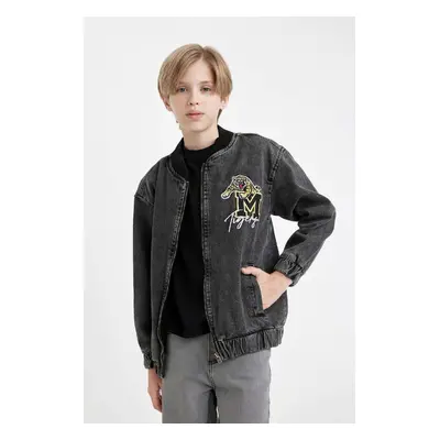 DEFACTO Boys College Collar Zipper Pocket Seasonal Printed Jean Bomber Jacket