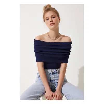 Happiness İstanbul Women's Navy Blue Off-the-Shoulder Knitwear Blouse