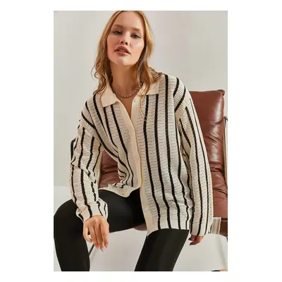 Bianco Lucci Women's Shirt Collar Long Sleeve Striped Cardigan