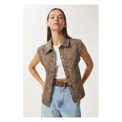 Happiness İstanbul Women's Mink Brown Leopard Patterned Shirt Collar Denim Vest