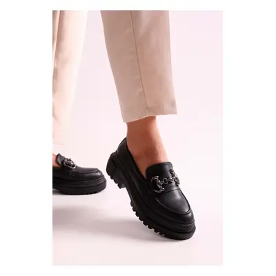 Shoeberry Women's Rex Black Skin Loafers with Thick Soles and Buckles. Black Skin.