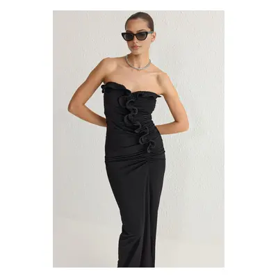 Trendyol Black Flounce Detailed Body-Styling Long Elegant Evening Dress