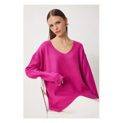 Happiness İstanbul Women's Dark Pink V Neck Knitwear Sweater