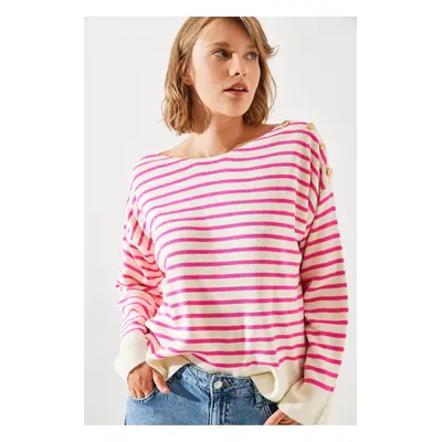 Bianco Lucci Women's Striped Shoulder Buttoned Sweater